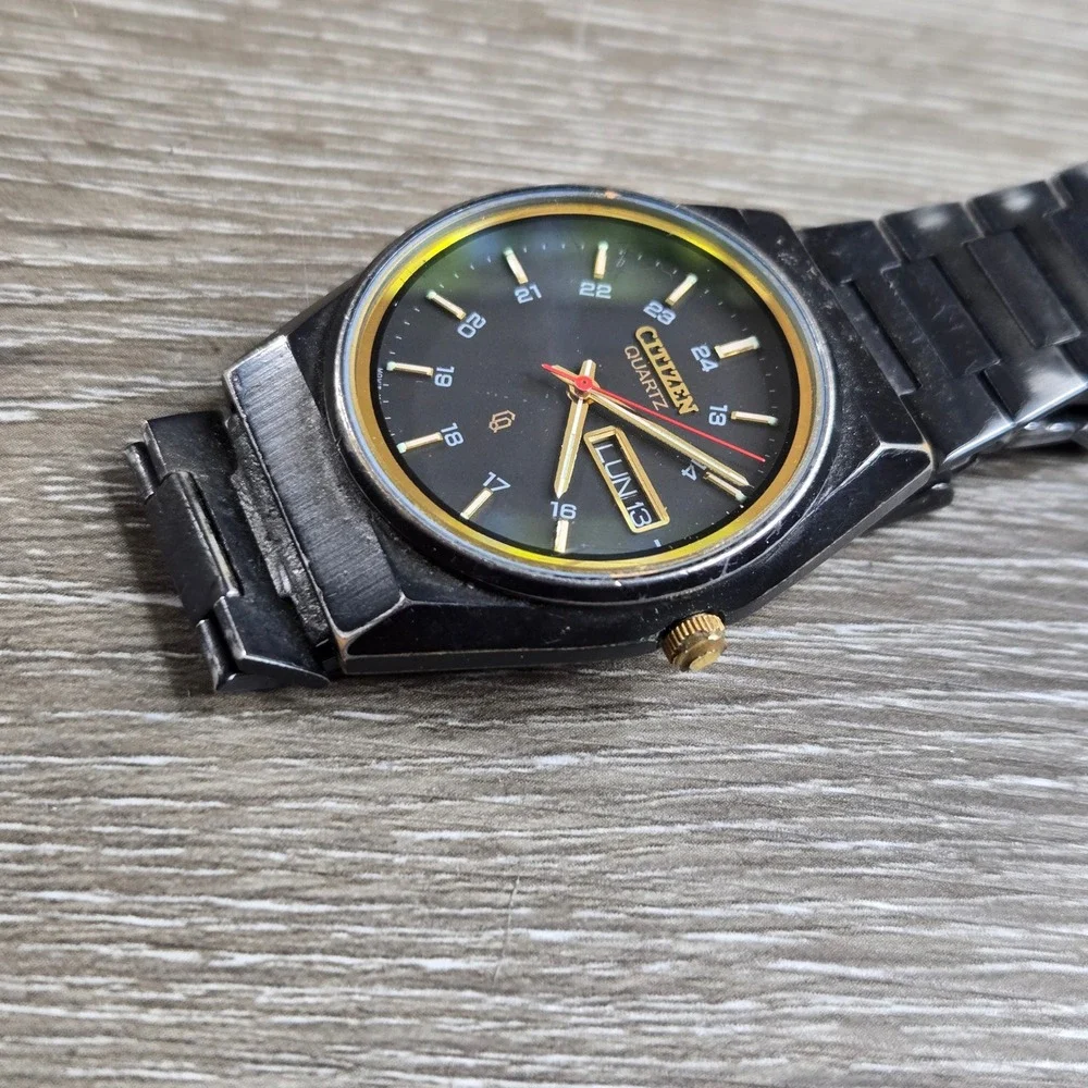 Citizen 6101-S05413 Quartz Watch Mens Black Gold Day Date Vintage Tested